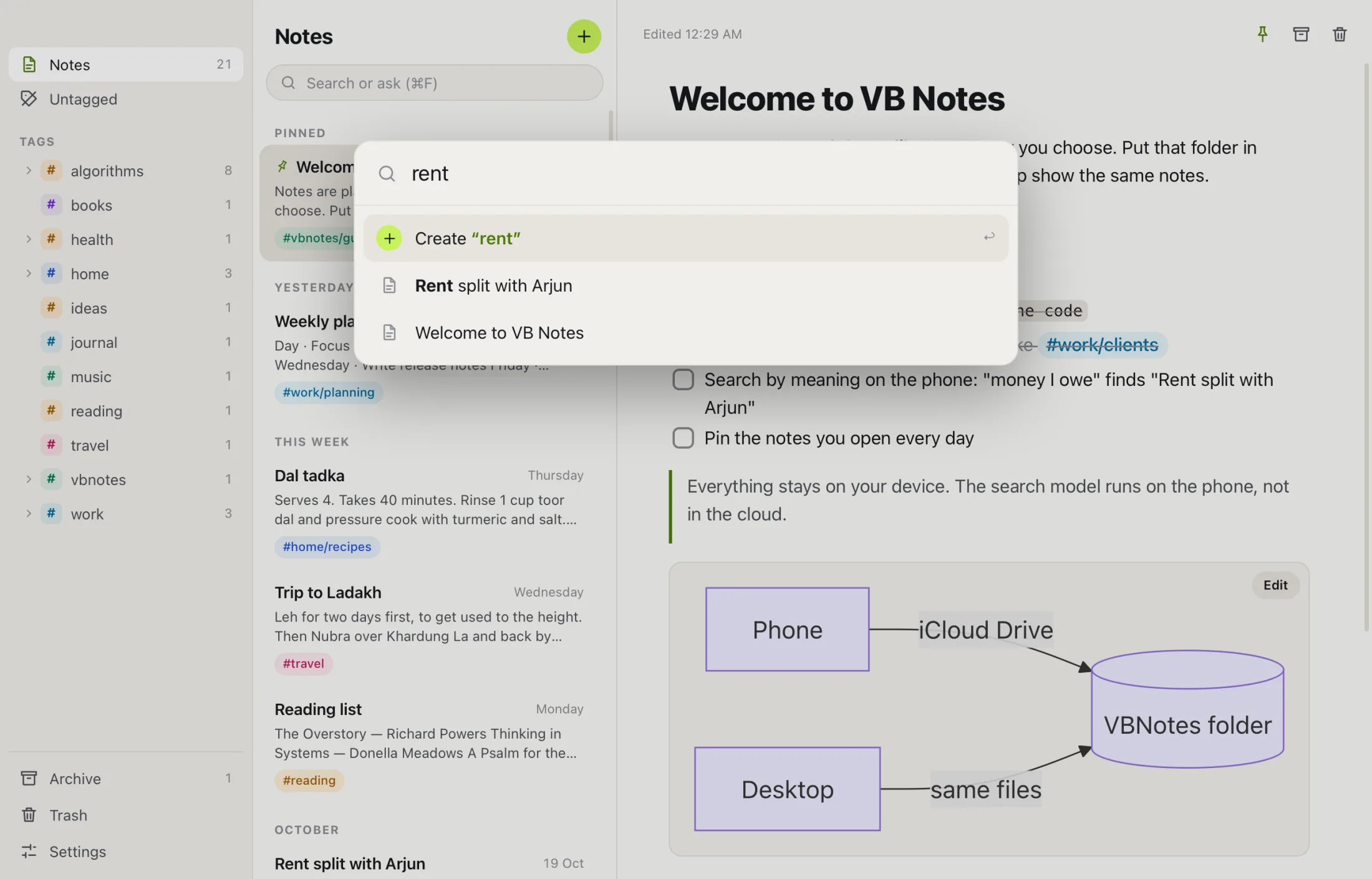 The desktop app with the find-or-create window open over a note