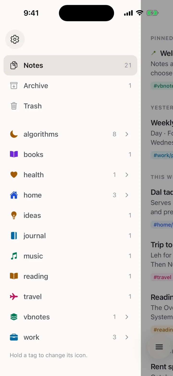 The library with nested tags and their icons