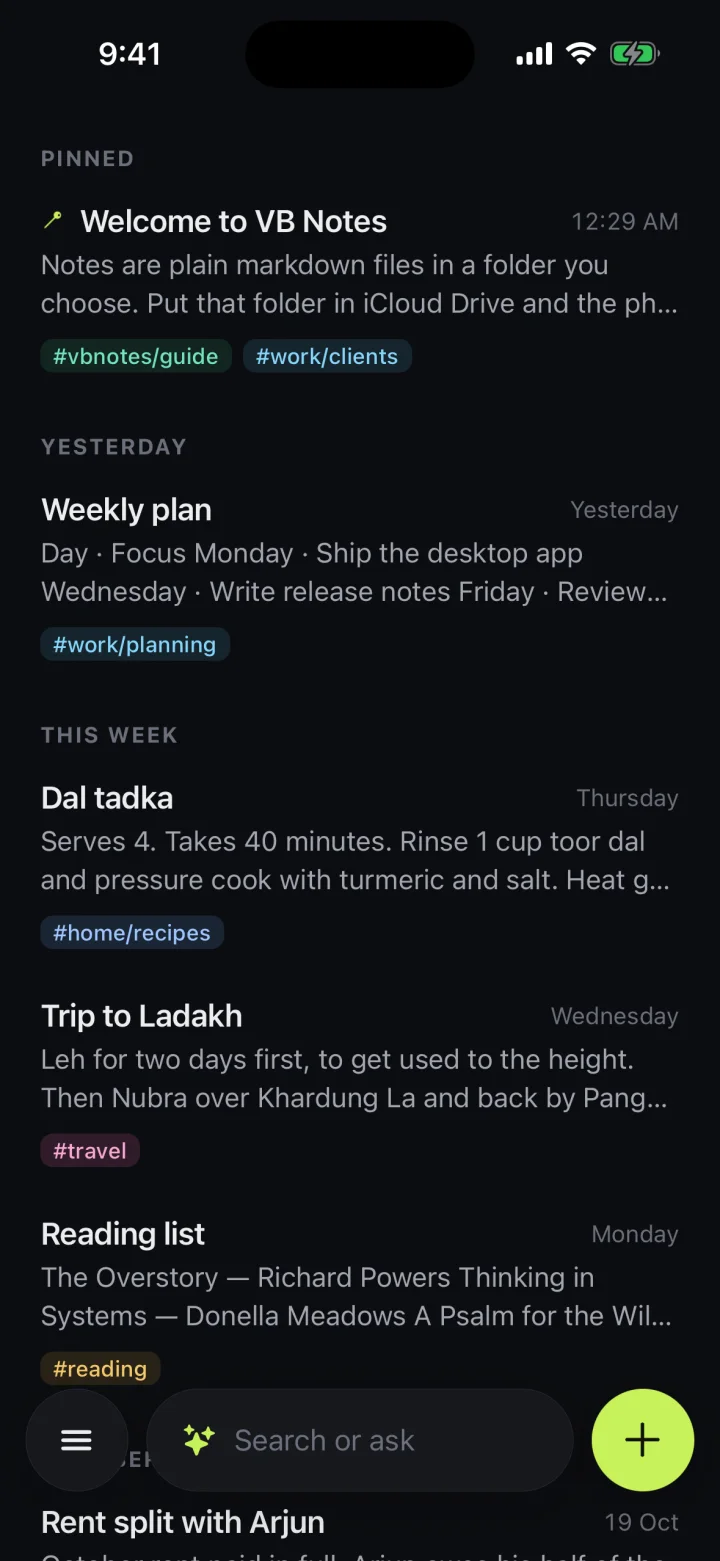 The notes list in the dark Ink theme