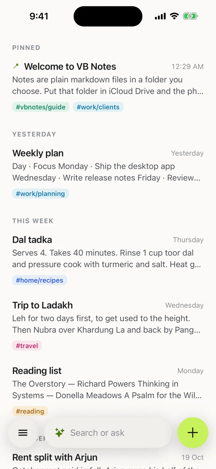 The notes list, grouped by day, with tags under each note